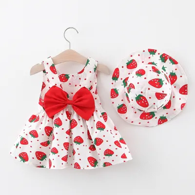 Kids Baby Girls Casual Strawberry Polka Dot Print Bow Cami Dress Cotton A-Line