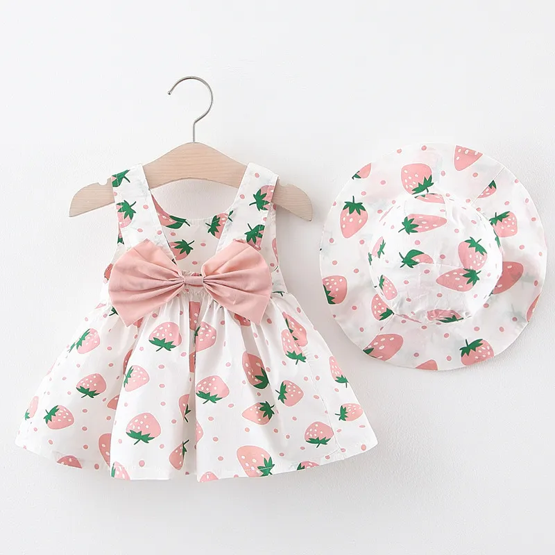 Kids Baby Girls Casual Strawberry Polka Dot Print Bow Cami Dress Cotton A-Line