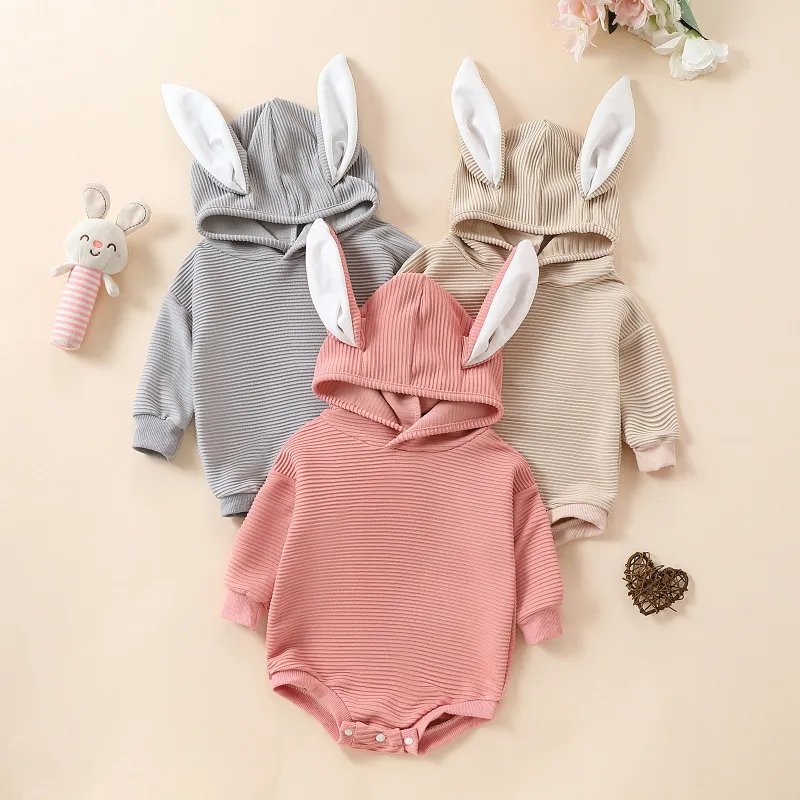 Kids Baby Boys Girls Casual Cute Easter Rabbit Ears Solid Color Long Sleeve Hooded Romper