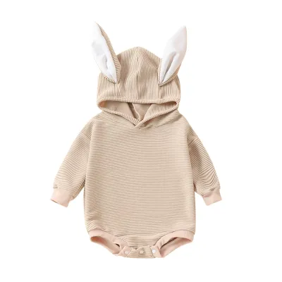 Kids Baby Boys Girls Casual Cute Easter Rabbit Ears Solid Color Long Sleeve Hooded Romper