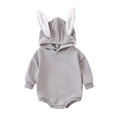 Kids Baby Boys Girls Casual Cute Easter Rabbit Ears Solid Color Long Sleeve Hooded Romper