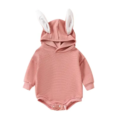Kids Baby Boys Girls Casual Cute Easter Rabbit Ears Solid Color Long Sleeve Hooded Romper