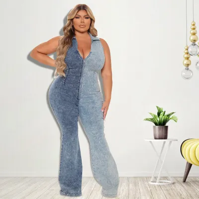 Women Fashion Sexy Plus Size Denim Colorblock Zipper Jumpsuits