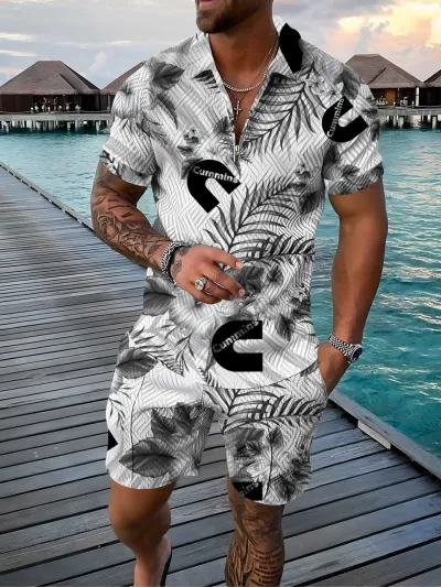 Men Fashion Casual Vacation 3D Print Plus Size Short Sleeve Lapel T-Shirt Shorts Set