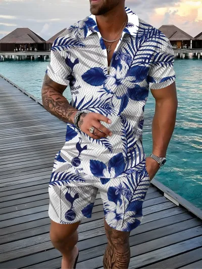 Men Fashion Casual Vacation 3D Print Plus Size Short Sleeve Lapel T-Shirt Shorts Set