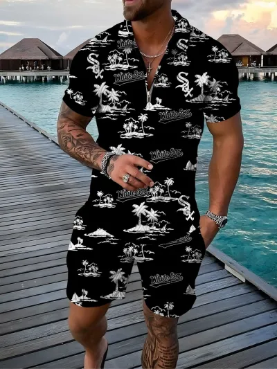 Men Fashion Casual Vacation 3D Print Plus Size Short Sleeve Lapel T-Shirt Shorts Set