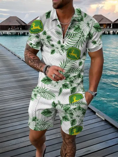 Men Fashion Casual Vacation 3D Print Plus Size Short Sleeve Lapel T-Shirt Shorts Set