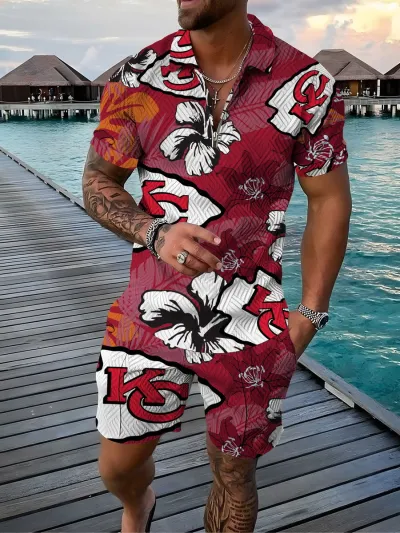 Men Fashion Casual Vacation 3D Print Plus Size Short Sleeve Lapel T-Shirt Shorts Set