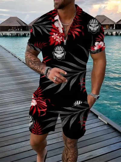 Men Fashion Casual Vacation 3D Print Plus Size Short Sleeve Lapel T-Shirt Shorts Set