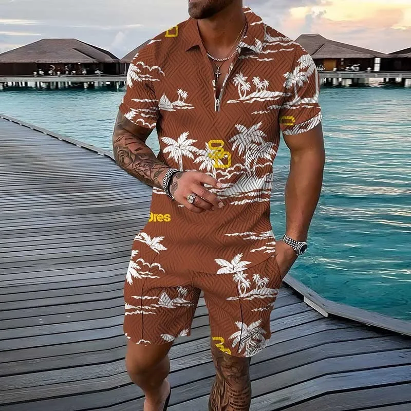 Men Fashion Casual Vacation 3D Print Plus Size Short Sleeve Lapel T-Shirt Shorts Set