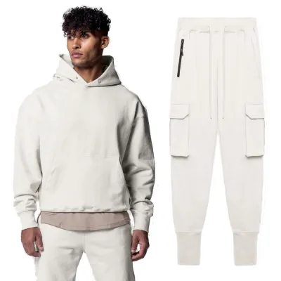 Men Fashion Casual Basic Solid Color Long Sleeve Hoodies Trousers Set