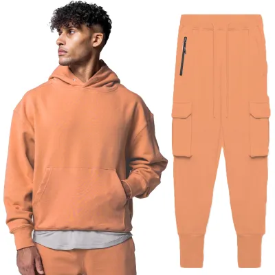 Men Fashion Casual Basic Solid Color Long Sleeve Hoodies Trousers Set