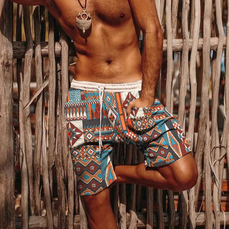 Men Plus Size Fashion Casual Retro Geometric Printing Shorts