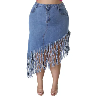 Women Plus Size Fringed Denim Skirt Fresh Sweet Irregular Midi