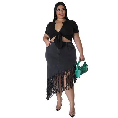 Women Plus Size Fringed Denim Skirt Fresh Sweet Irregular Midi