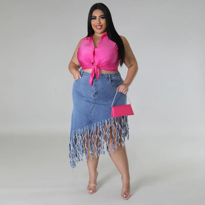 Women Plus Size Fringed Denim Skirt Fresh Sweet Irregular Midi