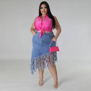 Women Plus Size Fringed Denim Skirt Fresh Sweet Irregular Midi