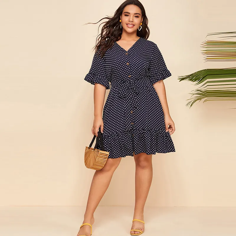 Women Fashion V-Neck Polar Dot Print Lace-Up Short Sleeve Dress