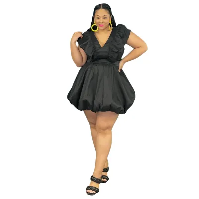 Women Retro Plus Size Solid Color V-Neck Sleeveless Ruffled Dress