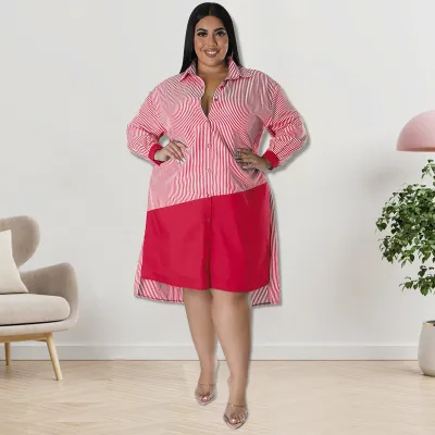 Women Fashion Casual Plus Size Stripe Long Sleeve Cardigan Dress