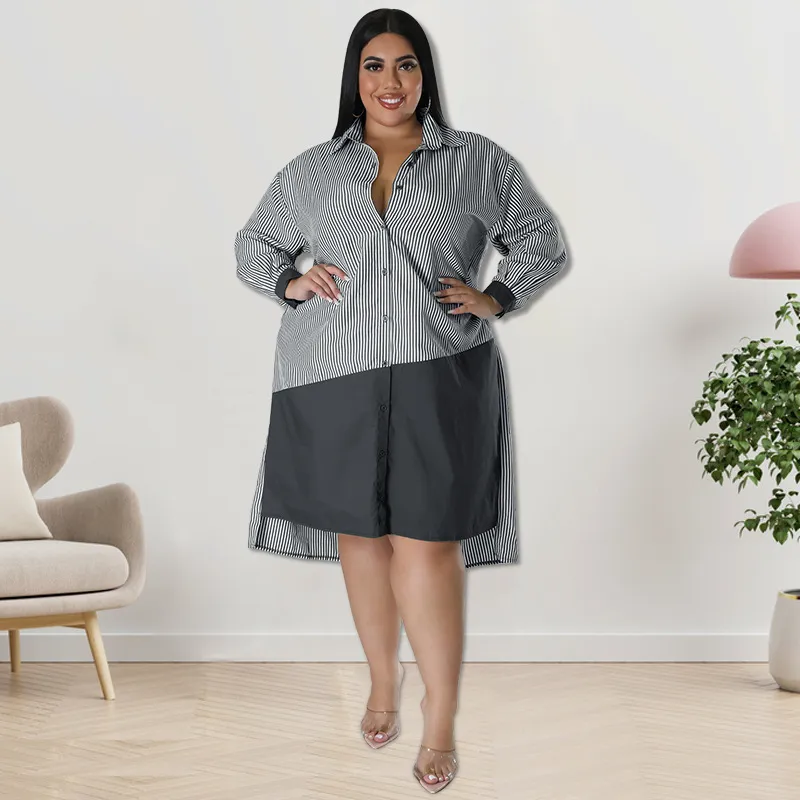 Women Fashion Casual Plus Size Stripe Long Sleeve Cardigan Dress
