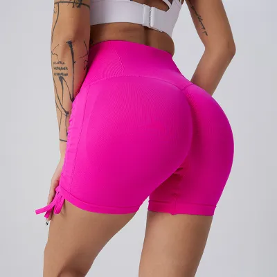 Womens High Waist Drawstring Yoga Shorts in Solid Color