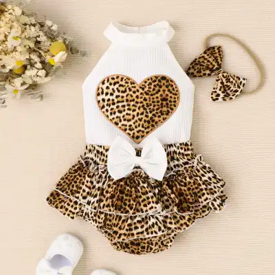 Kids Baby Girls Leopard Houndstooth Print Sleeveless Round Neck T-Shirt Skirt Set