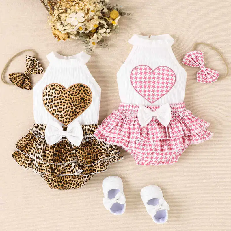 Kids Baby Girls Leopard Houndstooth Print Sleeveless Round Neck T-Shirt Skirt Set