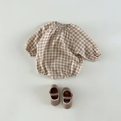 Kids Baby Girls Casual Basic Heart Plaid Print Long Sleeve Round Neck Romper