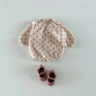 Kids Baby Girls Casual Basic Heart Plaid Print Long Sleeve Round Neck Romper