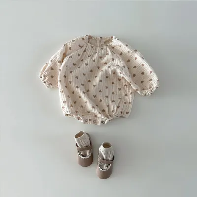 Kids Baby Girls Casual Basic Heart Plaid Print Long Sleeve Round Neck Romper