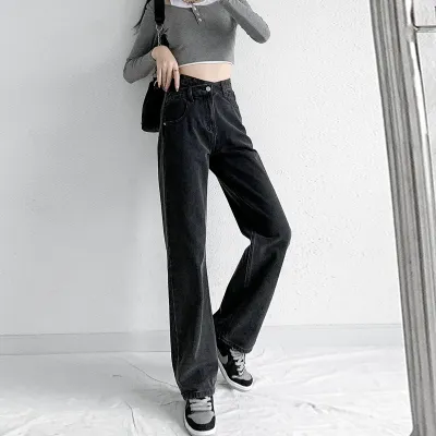 Women Casual Slant Buckle Irregular High Waist Straight Jeans