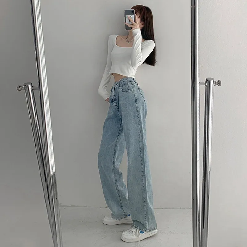 Women Casual Slant Buckle Irregular High Waist Straight Jeans