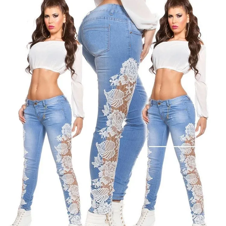 Women Fashion Sexy Lace Cutout Skinny Jeans