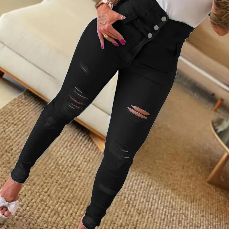 Women Fashion High Waist Skinny Ripped Jeans