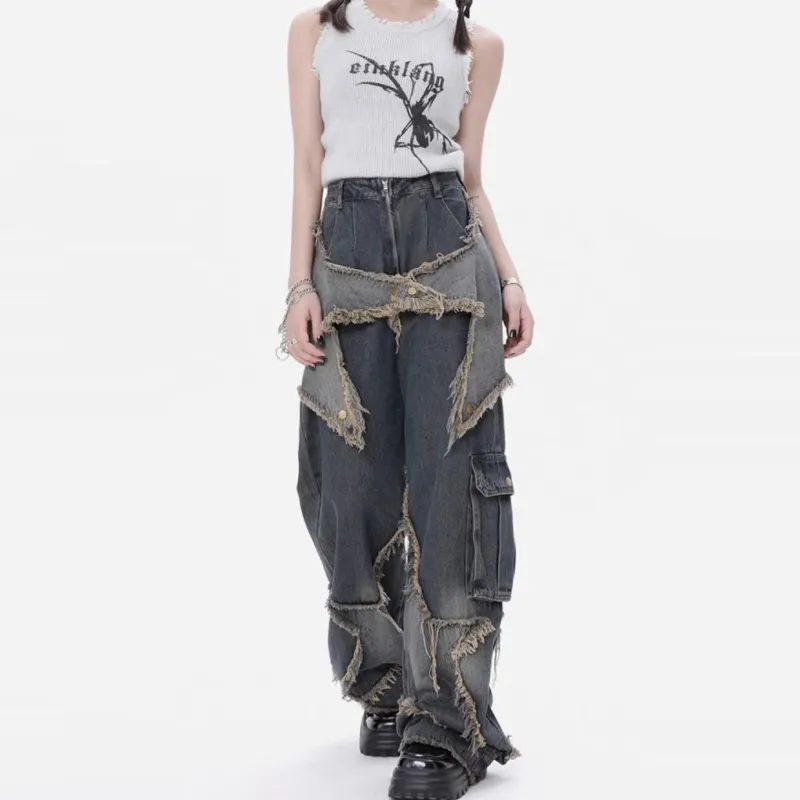 Women Fashion Retro Loose Rearlace Denim Cargo Pants