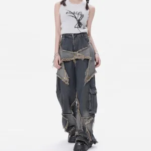 Women Fashion Retro Loose Rearlace Denim Cargo Pants