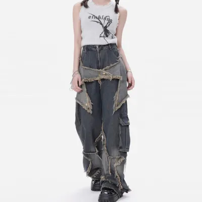 Women Fashion Retro Loose Rearlace Denim Cargo Pants