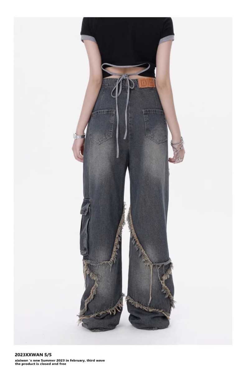 Wholesale Women Fashion Retro Loose Rearlace Denim Cargo Pants