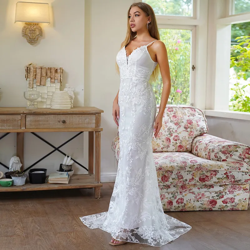 Women Sexy Strap Backless Slim Fit Party Wedding Dress