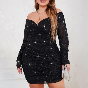 Women Sexy Shoulder Creased Long Sleeve Boat Neck Dress