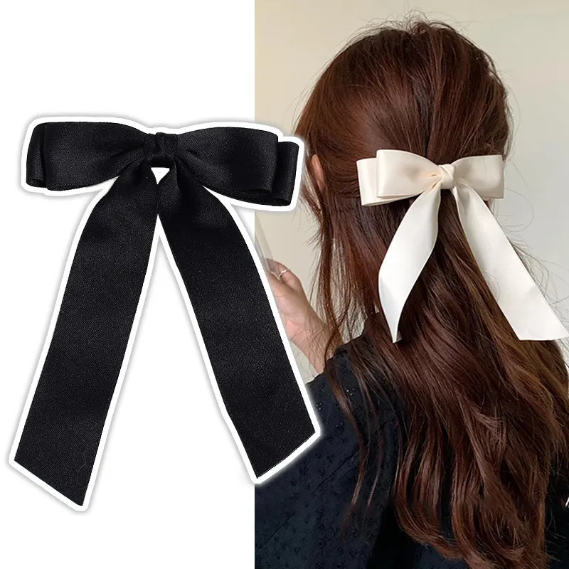 Women Fashion Simple Black White Bow Spring Ribbon Hairpin