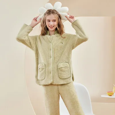 Couple Fashion Solid Color Flannel Thickened Pajamas Set Long Sleeve
