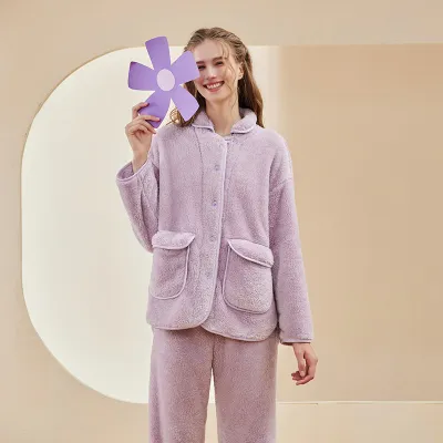 Couple Fashion Solid Color Flannel Thickened Pajamas Set Long Sleeve