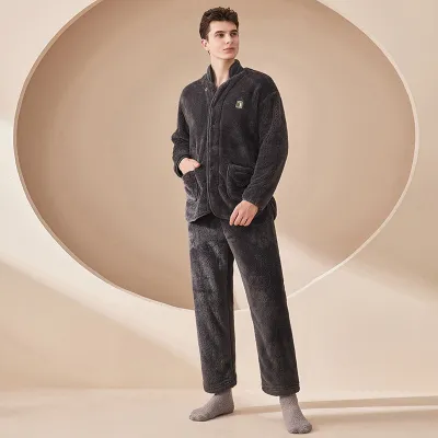 Couple Fashion Solid Color Flannel Thickened Pajamas Set Long Sleeve