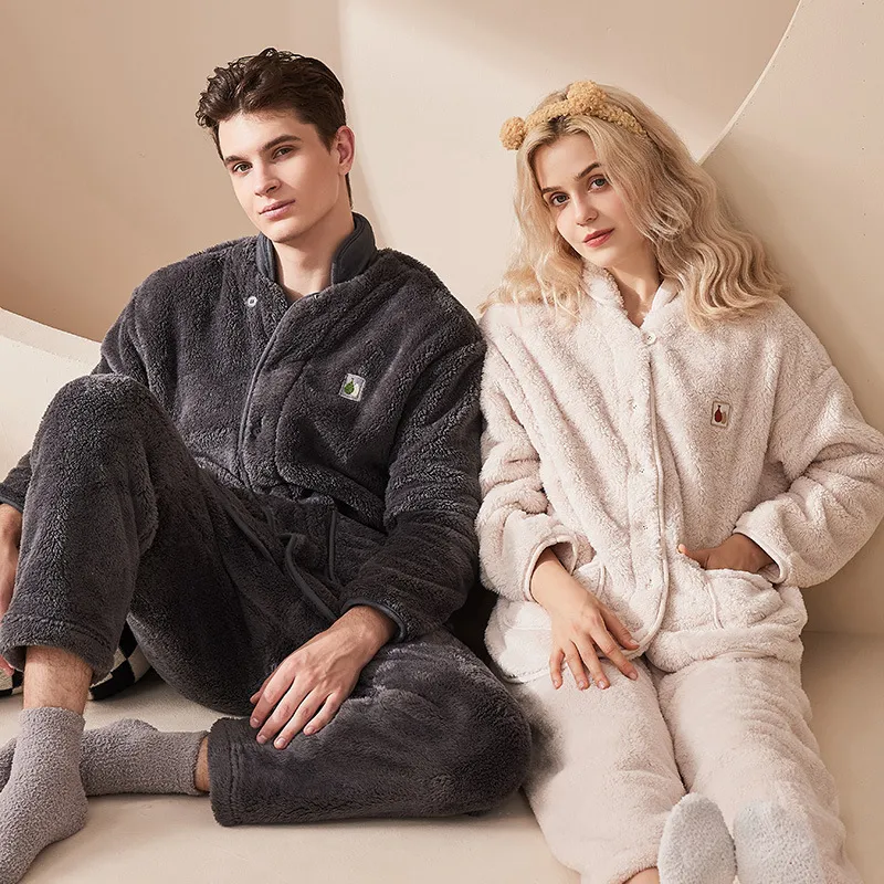 Couple Fashion Solid Color Flannel Thickened Pajamas Set Long Sleeve