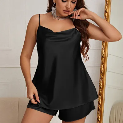 Women Sexy Solid Color Large Size Sleeveless Crewneck Shorts Pajamas Set