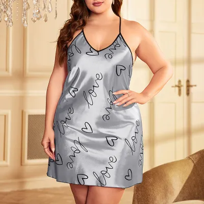 Women Plus Size Sexy Heart Print Nightgown
