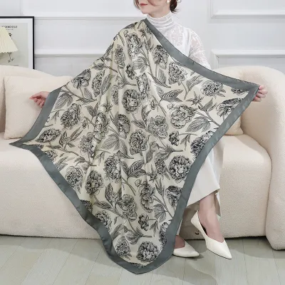 Women Fashion Silk Floral Print Square Scarf