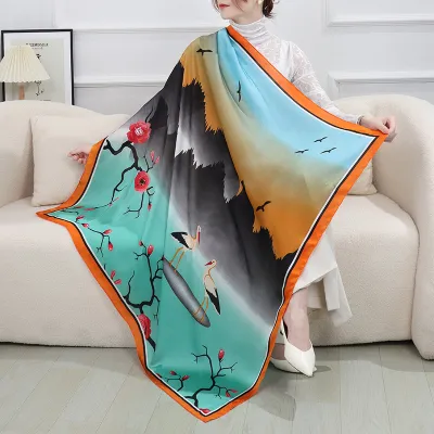 Women Fashion Silk Floral Print Square Scarf